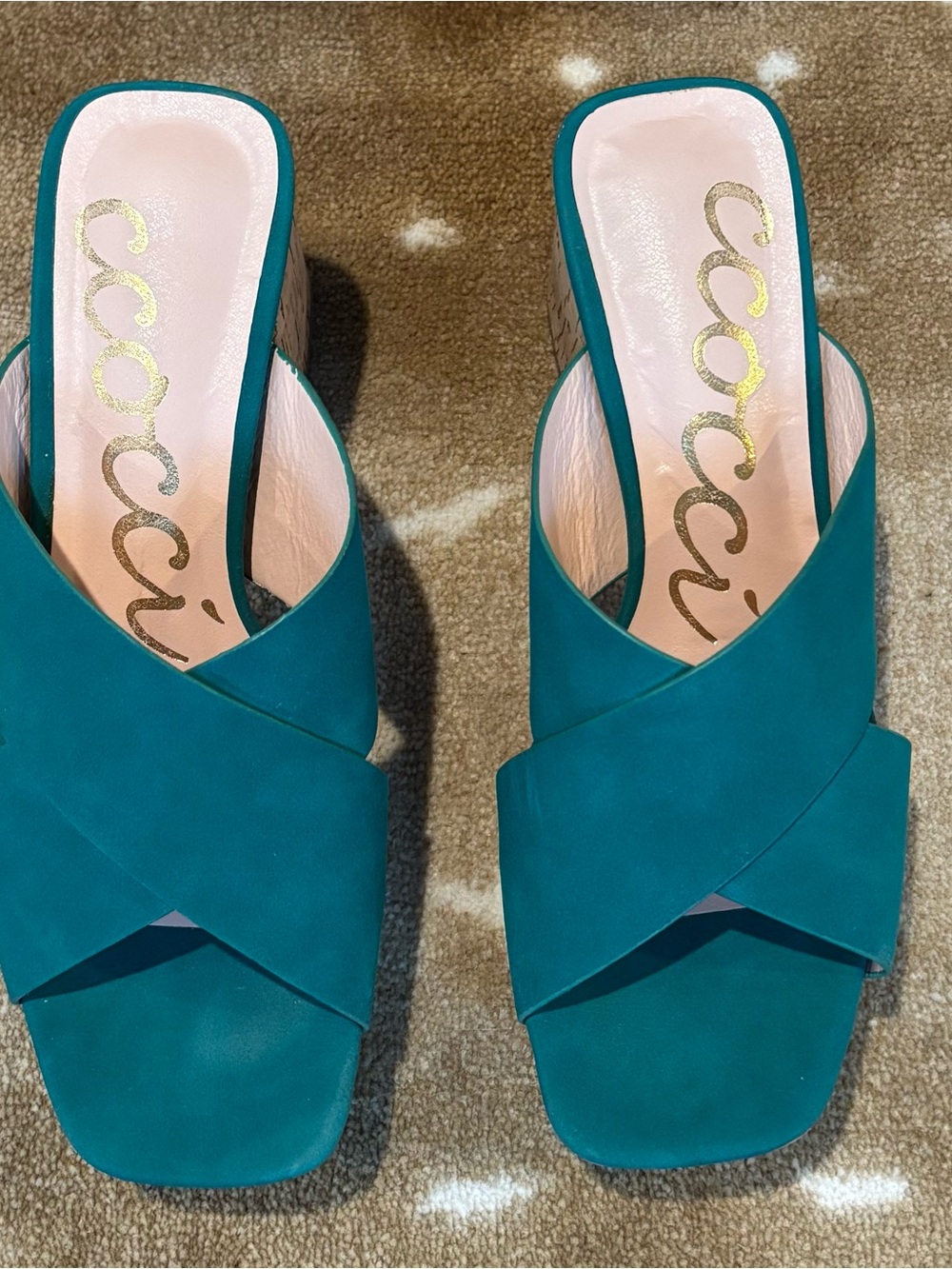 CCOCCI Chandra Teal Slides w/Cork Heel